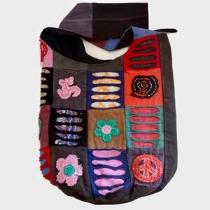Bohemian Artsy Canvas Bucket Tote Patchwork Applique Distress Hippie Tote Bag